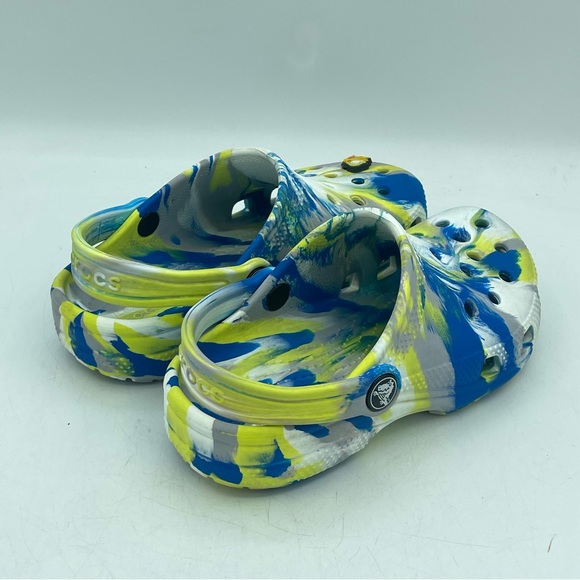 CROCS Classic Clog Youth Size C 12 Marbled Tie Dye Blue Yellow + Super Sonic - Picture 3 of 12
